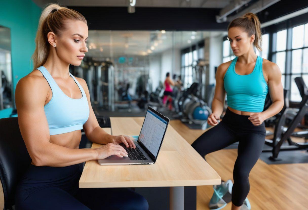 A split image showcasing a muscular woman confidently exercising in a stylish gym on one side, and on the other side, a professional, smartly dressed woman sitting at a modern desk, reviewing financial documents with a laptop. Bright colors emphasize empowerment and success, with imagery of fitness equipment and financial symbols like dollar signs and graphs. The background blends seamlessly from gym to office, symbolizing the journey between physical fitness and financial independence. super-realistic. vibrant colors.