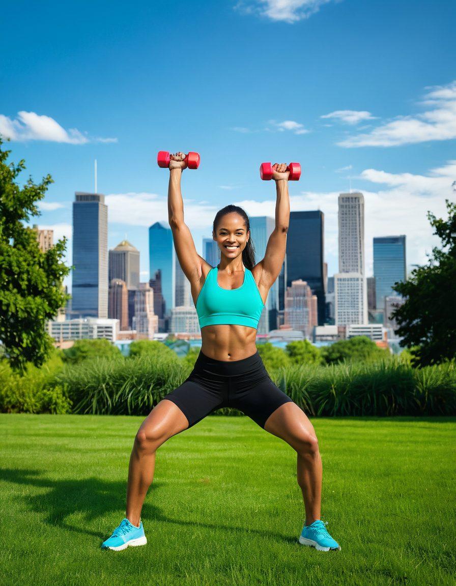 A dynamic scene showcasing a fit individual juggling weights and a stack of dollar bills, symbolizing the balance between fitness and financial success. In the background, a vibrant city skyline transitions into a lush park, representing outdoor exercise. Incorporate a motivational quote overlay, emphasizing growth and potential. Bright colors and energetic motifs should dominate the image. super-realistic. vibrant colors. motivational style.